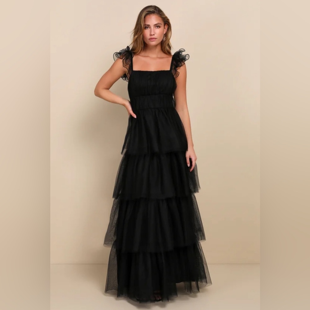 XS Lulu’s Tulle For Love Black Mesh Tulle Tiered Ruffled Maxi Dress